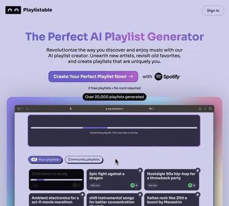 Screenshot of the site of Playlistable