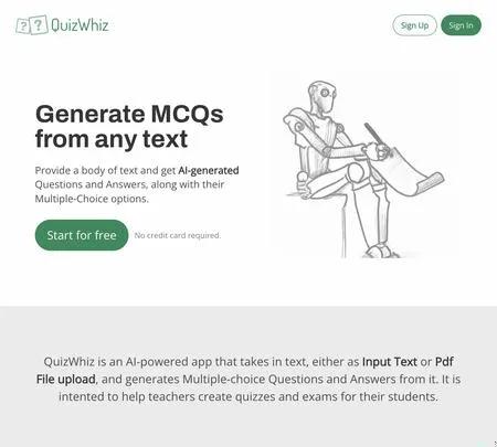 Screenshot of the site of Quizwhiz