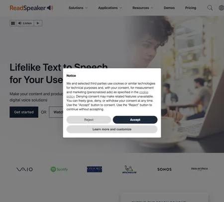 Screenshot of the site of ReadSpeaker AI