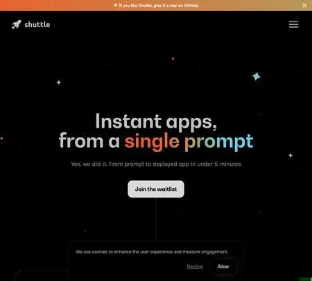 Screenshot of the site of Shuttle