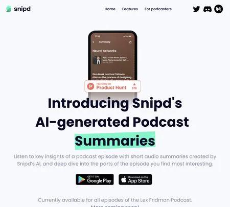 Screenshot of the site of Snipd Podcast Summaries
