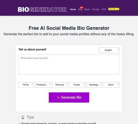 Screenshot of the site of Social Media Bio Generator