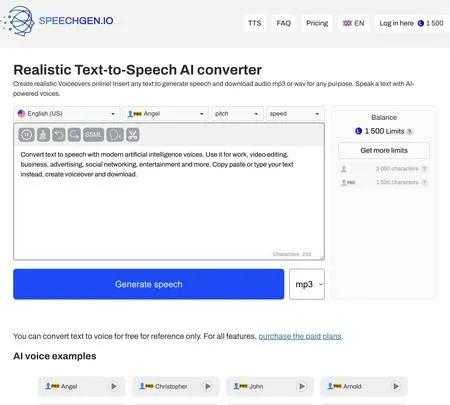 Screenshot of the site of Realistic Text-to-Speech AI converter