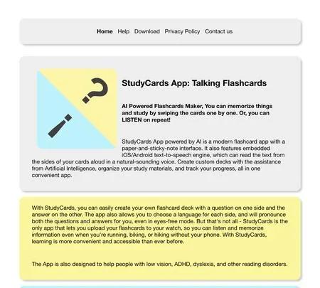 Screenshot of the site of StudyCards