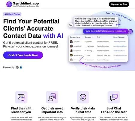 Screenshot of the site of AI Client Finder by SynthMind