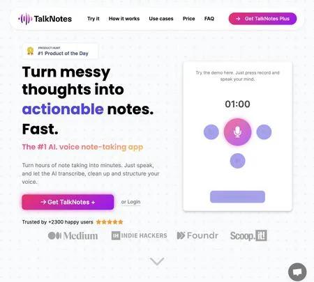 Screenshot of the site of TalkNotes