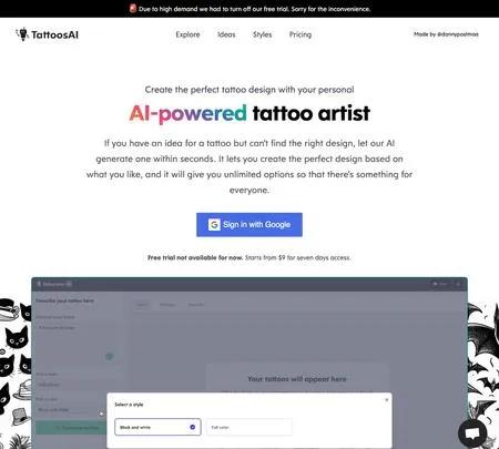 Screenshot of the site of TattosAI