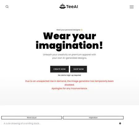 Screenshot of the site of TeeAI