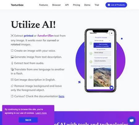 Screenshot of the site of Textunbox