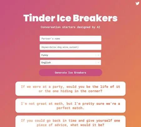 Screenshot of the site of Tinder Ice Breakers