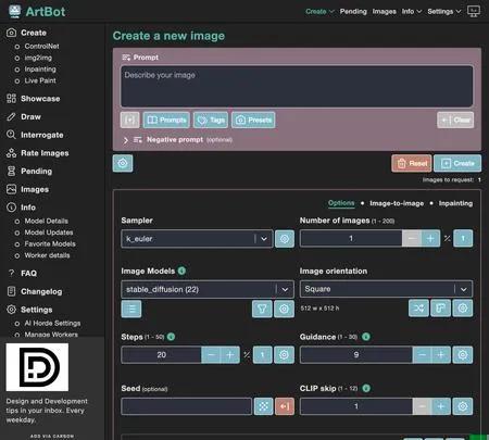 Screenshot of the site of ArtBot