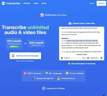Screenshot of the site of TurboScribe