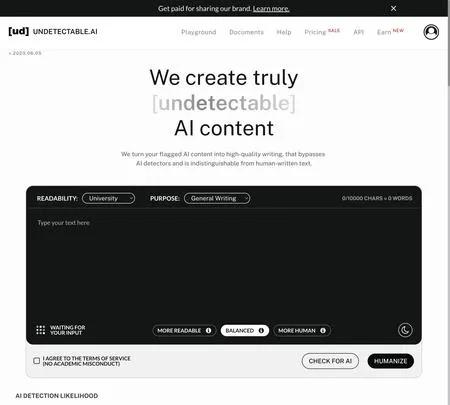 Screenshot of the site of Undetectable.ai
