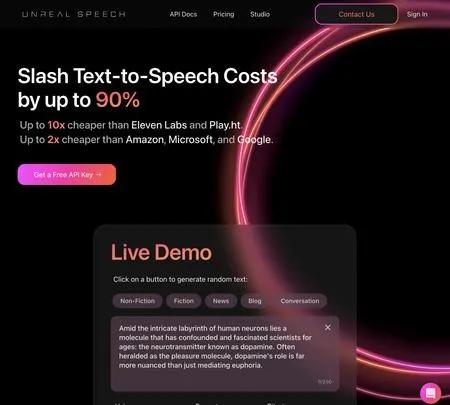 Screenshot of the site of Unreal Speech