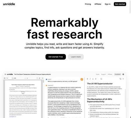 Screenshot of the site of Unriddle