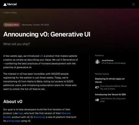 Screenshot of the site of V0 Generative UI