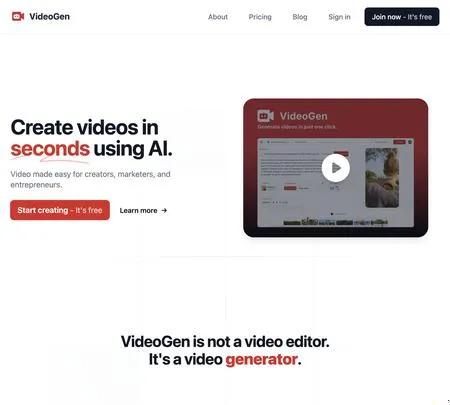 Screenshot of the site of VideoGen