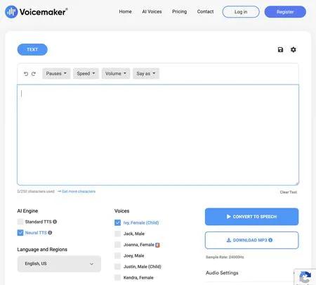 Screenshot of the site of Voicemaker