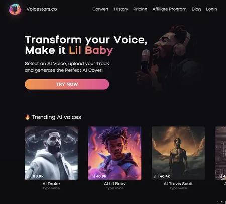 Screenshot of the site of Voicestars