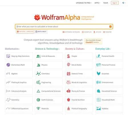 Screenshot of the site of Wolfram|Alpha