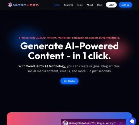 Screenshot of the site of WordHero