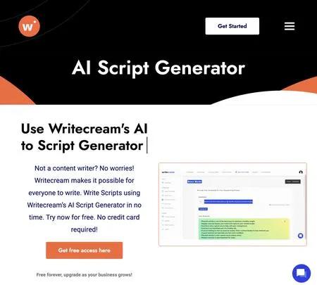 Screenshot of the site of Writecream AI Script Generator