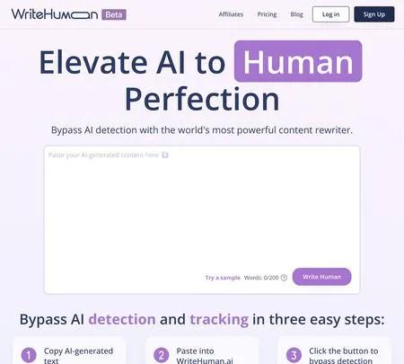 Screenshot of the site of WriteHuman