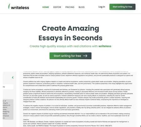 Screenshot of the site of Writeless