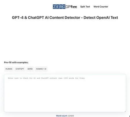 Screenshot of the site of ZeroGPT.CC
