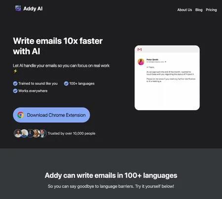 Screenshot of the site of Addy AI