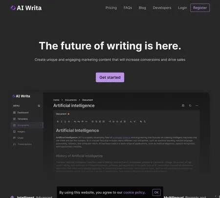 Screenshot of the site of AIWrita
