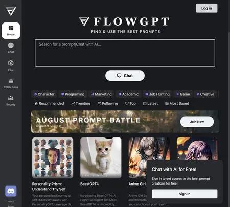 Screenshot of the site of FLOWGPT