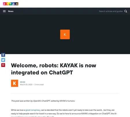 Screenshot of the site of KAYAK's ChatGPT integration