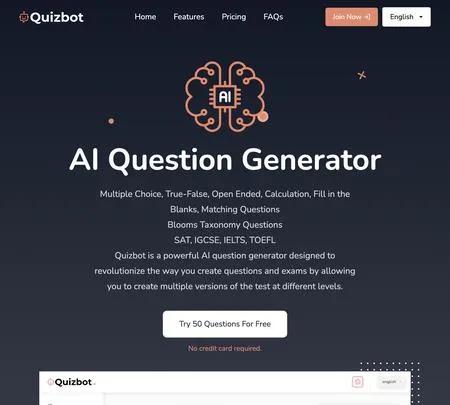 Screenshot of the site of Quizbot.ai