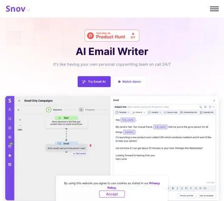 Screenshot of the site of Snov Email Writer
