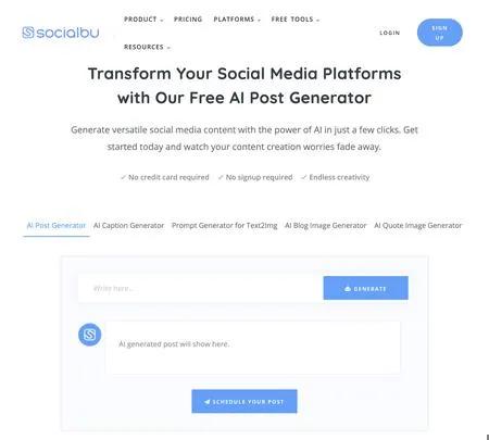 Screenshot of the site of AI Social Media Post Writerby Socialblu