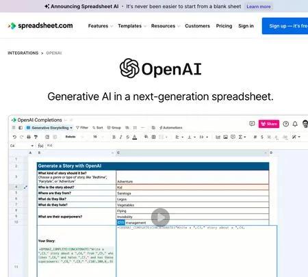 Screenshot of the site of Spreadsheet AI