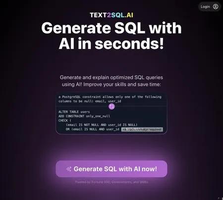 Screenshot of the site of Text2SQL.AI
