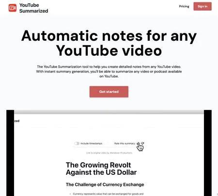 Screenshot of the site of YouTube Summarized